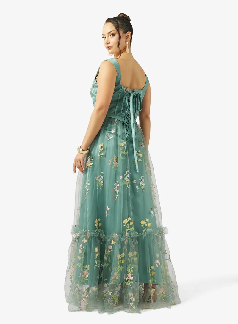 جينجر بوتيك فستان سهرة من التول مزين بكورسيه مطرز بالزهور